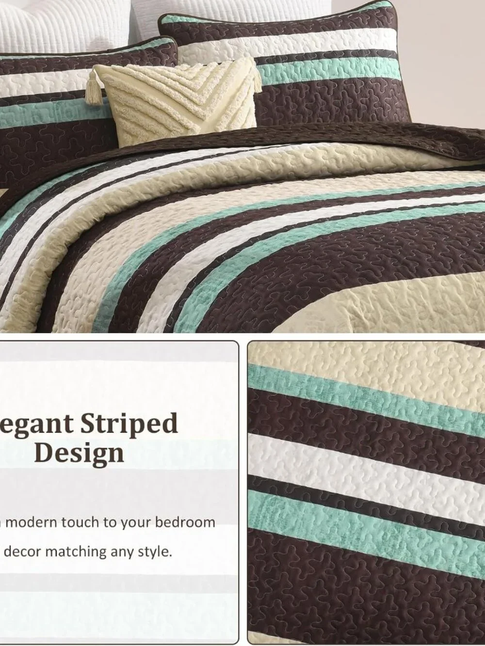 Red Brown Boho Striped 3-Piece Quilt Bedding Set w/Shams